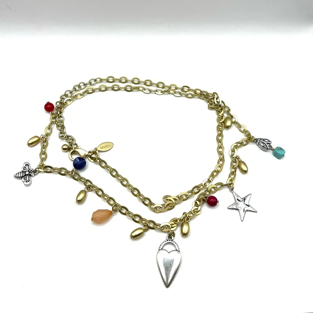 Charm Necklace Bee Heart Star Butterfly Gold Tone with Colorful Beads  Long